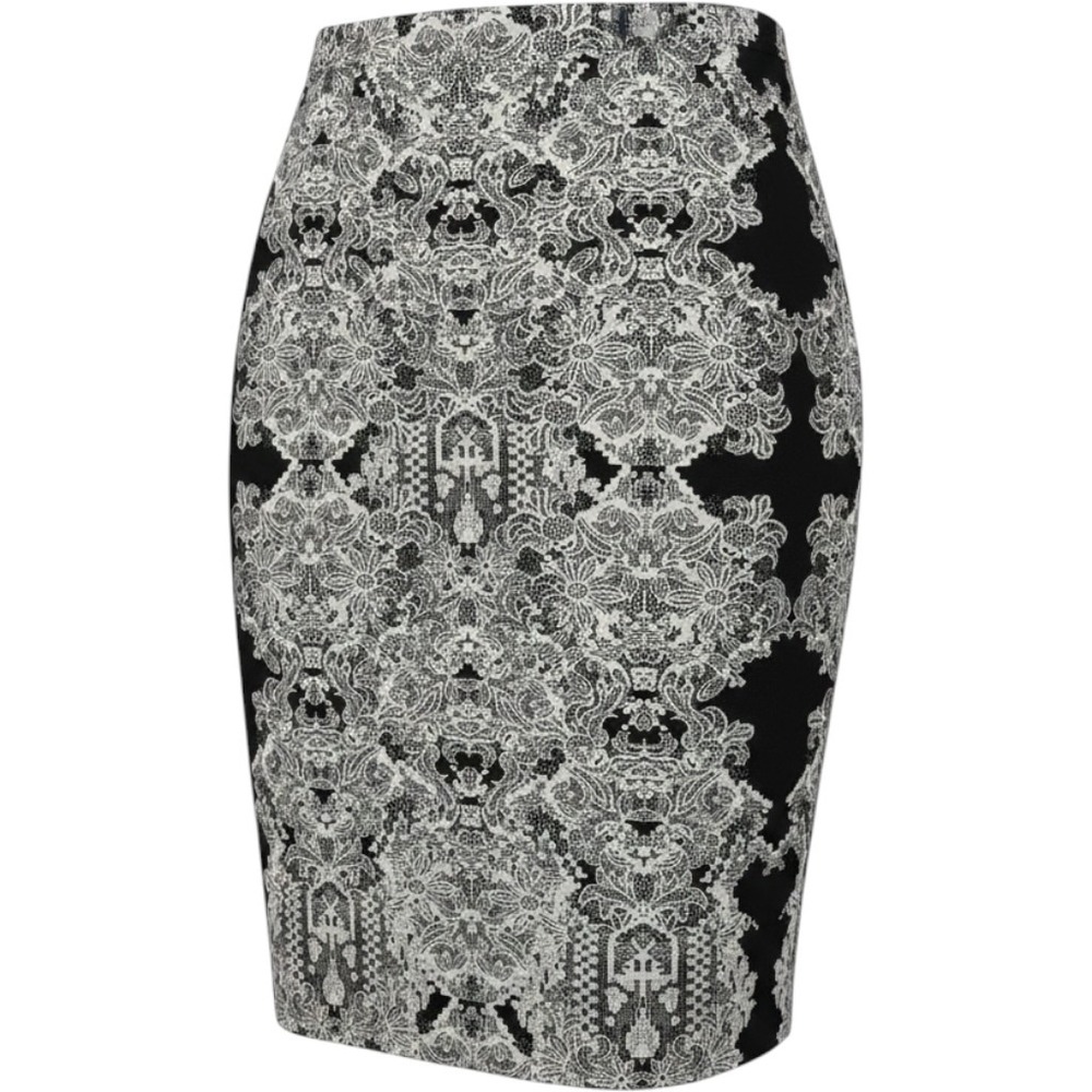 HM Womens Black White Damask Lace Print Pencil Skirt Size 10 Side Slit Lined